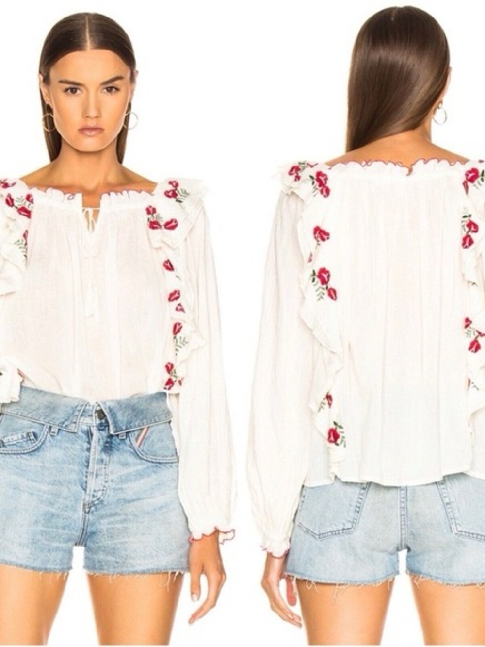 THE GREAT. White Blouse with Red Rose Embroidery